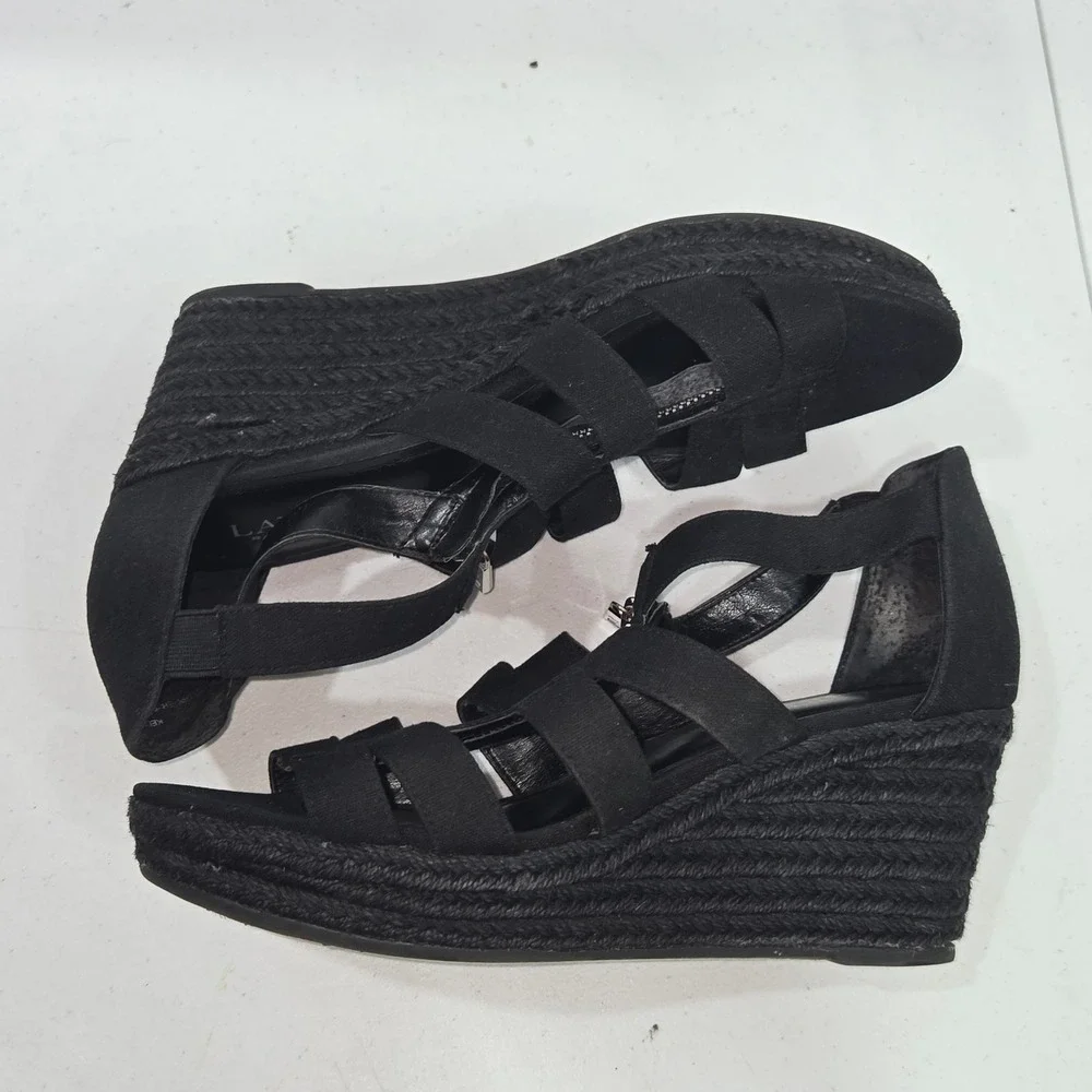Lauren Ralph Lauren Kelcie Black Canvas Wedge Espadrille Sandals Womens 9B AC658